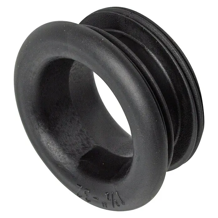 Gewindenippel - 1½″ x 32 mm, Schwarz - Nahaufnahme einer schwarzen Gummitülle, die zum Schutz von Kabeln und Leitungen in Gehäusen verwendet wird.