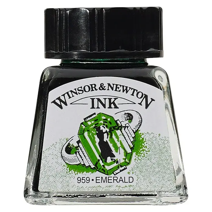 Winsor & Newton Zeichentinte - Emerald, 14 ml, Flasche - Nahaufnahme einer Flasche Winsor & Newton Emerald Ink, einer hochwertigen Tinte für Künstler und Kalligraphen.