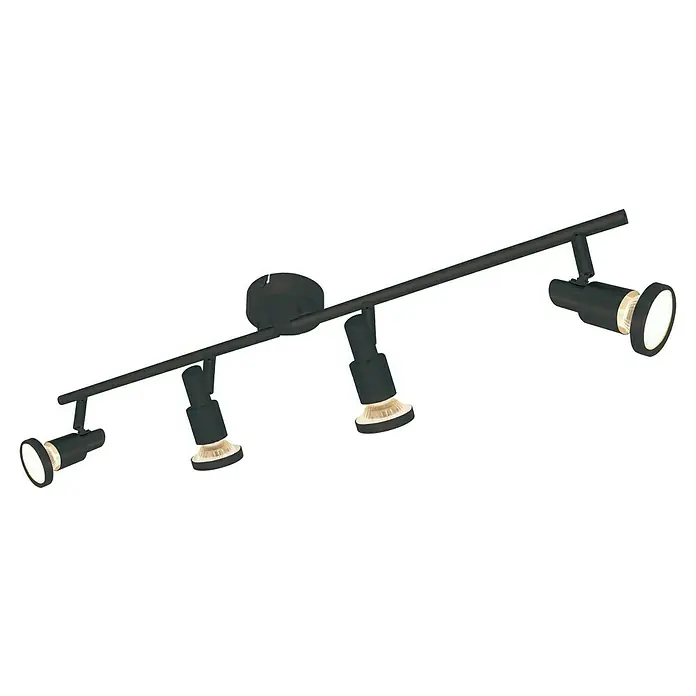 Tween Light LED-Deckenstrahler - 16 W, L x B x H: 67,5 x 15,5 x 8 cm, Schwarz-matt, Warmweiß, 4 Stk. - Eine schwarze Lampenleiste mit vier Strahlern, die auf einer Schiene befestigt sind, um Bereiche gezielt auszuleuchten.