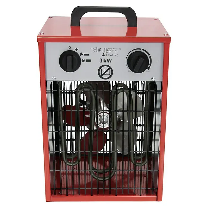 Voltomat HEATING Bauheizer - Passend für: Raumgröße bis ca. 25 m², 1.000 W - 3.000 W, Nennspannung: 220 V - 240 V, Rot, IP24 - Abbildung einer roten VOLTOMAT 3kW Heizung mit Heizwendeln und Bedienknöpfen. Das Gerät verfügt über einen Tragegriff und ein Schutzgitter.