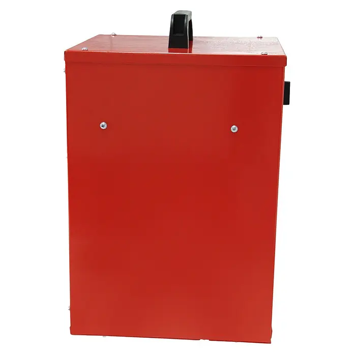 Voltomat HEATING Bauheizer - Passend für: Raumgröße bis ca. 25 m², 1.000 W - 3.000 W, Nennspannung: 220 V - 240 V, Rot, IP24 - Rote Schweißmaschine mit schwarzem Griff oben. Die Schweißmaschine ist ein robustes, professionelles Gerät.
