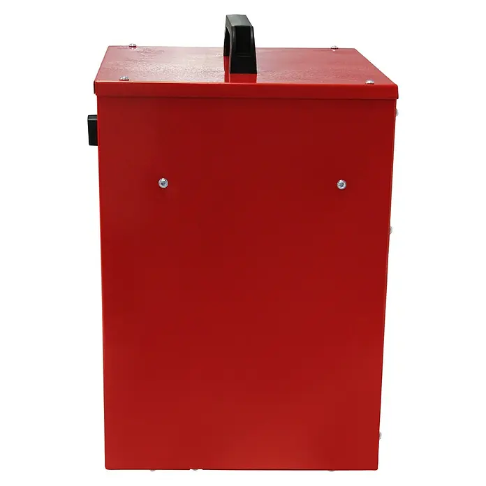 Voltomat HEATING Bauheizer - Passend für: Raumgröße bis ca. 25 m², 1.000 W - 3.000 W, Nennspannung: 220 V - 240 V, Rot, IP24 - Rote Box mit Tragegriff. Ein robustes, rotes Gehäuse mit einem schwarzen Griff oben für einfachen Transport. Ideal für verschiedene Anwendungen.