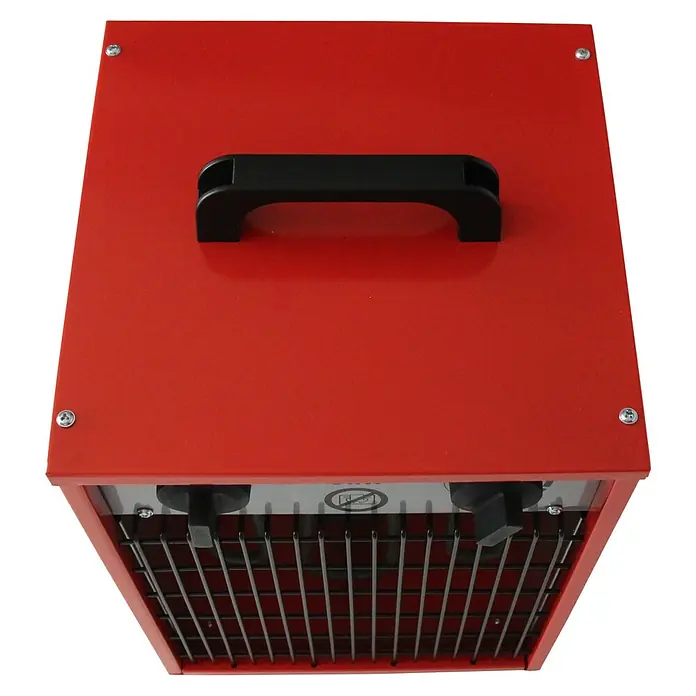 Voltomat HEATING Bauheizer - Passend für: Raumgröße bis ca. 25 m², 1.000 W - 3.000 W, Nennspannung: 220 V - 240 V, Rot, IP24 - Roter tragbarer Heizlüfter mit schwarzem Griff und Drehknöpfen zur Temperatureinstellung für den Innenbereich.