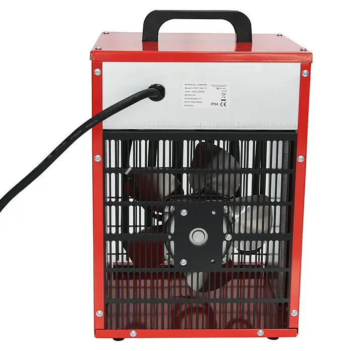 Voltomat HEATING Bauheizer - Passend für: Raumgröße bis ca. 25 m², 1.000 W - 3.000 W, Nennspannung: 220 V - 240 V, Rot, IP24 - Abbildung eines roten BAHAG IFHOT-33H-13 Heizlüfters mit schwarzem Kabel und Griff für den Transport.