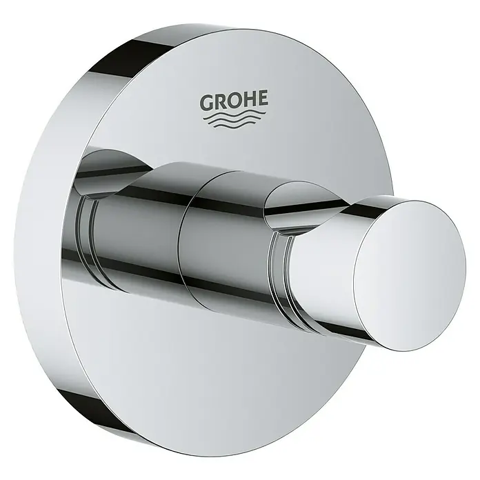 Grohe Essentials Bademantelhaken - Chrom, Glänzend - Nahaufnahme eines glänzenden, runden Grohe-Handtuchhakens aus Chrom, der an einer Wand befestigt wird.