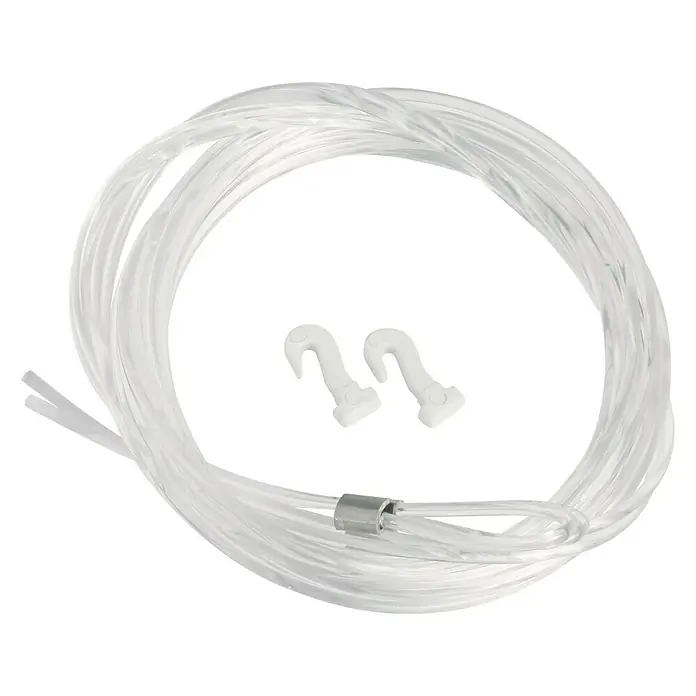 Nielsen Perlonseil - L x B: 200 cm x 2 mm, Passend für: Nielsen Galerieschiene Economy/Profi, Mit Schlaufe und Gleithaken - Nahaufnahme einer durchsichtigen Wäscheleine mit Haken. Ideal zum Aufhängen von Kleidung und Wäsche im Innen- und Außenbereich.