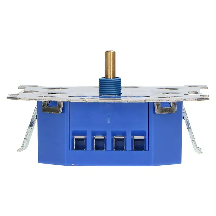 LED-Dimmer Universal 190014 - Einbautiefe: 24 mm - Detailaufnahme eines Drehschalters mit blauem Gehäuse, Metallbefestigung und goldenem Drehknopf.