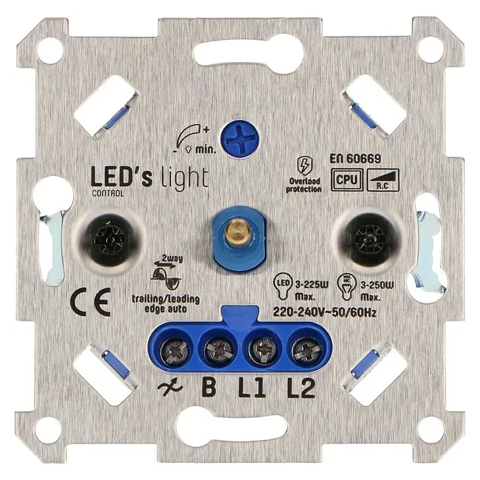 LED-Dimmer Universal 190014 - Einbautiefe: 24 mm - Nahaufnahme einer LED-Lichtsteuerung mit verschiedenen Anschlüssen, Beschriftungen und Bedienelementen auf einer Metallplatte.