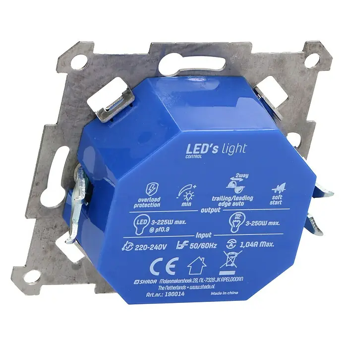 LED-Dimmer Universal 190014 - Einbautiefe: 24 mm - Nahaufnahme eines blauen LED-Lichtsteuergeräts mit silberner Montageplatte, das für Spannungen von 220-240V und 50/60Hz ausgelegt ist.