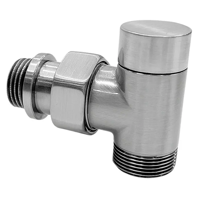 Rointe Detentor para radiador Tifana - ½″, Inox - Primer plano de una válvula de metal cepillado con conexiones roscadas para aplicaciones de fontanería sobre un fondo negro.