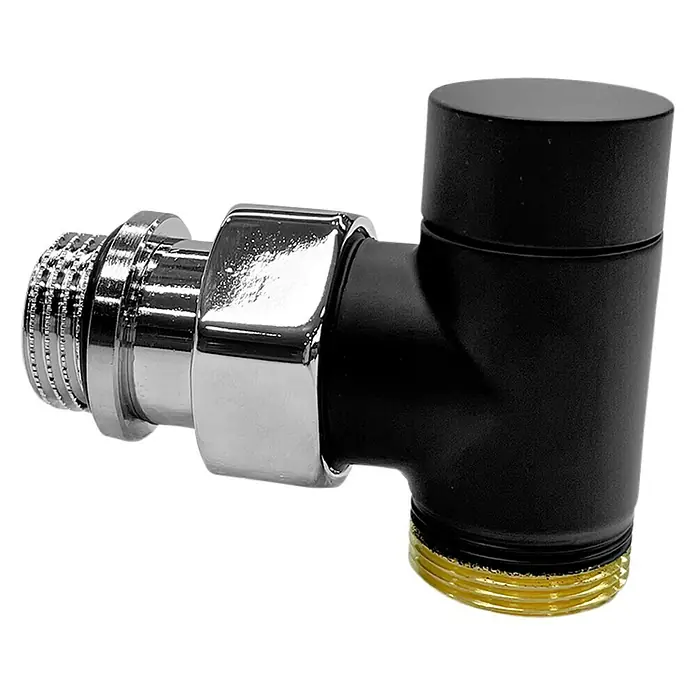 Rointe Detentor para radiador Tifana - ½″, Negro - Primer plano de una válvula de radiador con un acabado cromado brillante y negro mate.