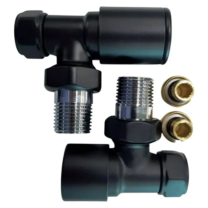 Rointe Detentor para radiador con válvula y adaptador - ½″, Negro - Válvulas de radiador negras con interiores de latón para una instalación de calefacción elegante y eficiente.