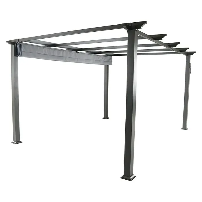 Sunfun Ersatzdach KretaPassend für: Sunfun Raffpavillon Kreta 418 x 333 cm - Aufnahme einer grauen Pergola mit einziehbarer Abdeckung, die eine schattenspendende und stilvolle Ergänzung für jeden Außenbereich bietet.