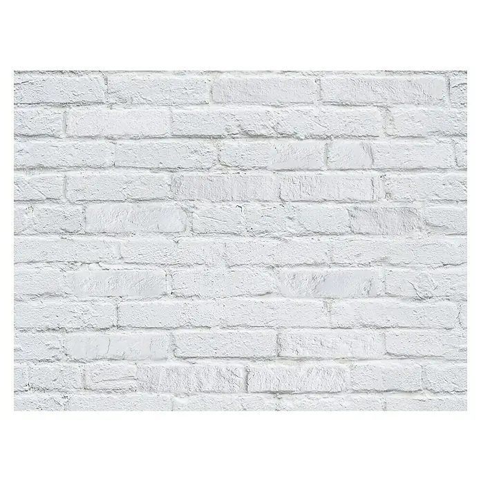 Papel pintado vinílico adhesivo Lineawall - Muro blanco, 90 cm x 2,8 m - Primer plano de una pared de ladrillos blancos, que muestra una textura robusta pero limpia, ideal para fondos y decoración.