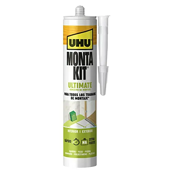 UHU Adhesivo para montaje Montakit Ultimate - 440 g - Imagen del producto de un adhesivo UHU Monta Kit Ultimate, ideal para diversas tareas de montaje en interiores y exteriores.