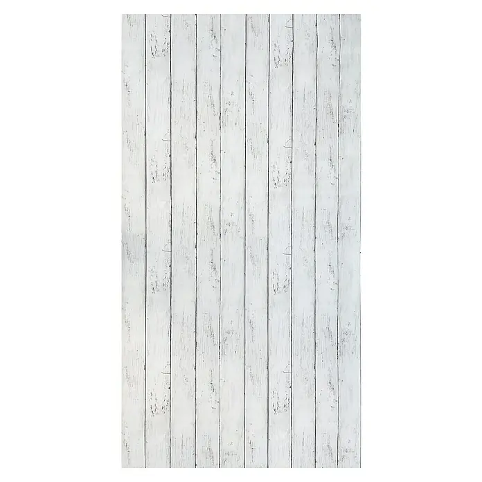 Papel pintado vinílico adhesivo Lineawall - Tablero blanco, 90 cm x 2,8 m - Primer plano de paneles de madera blanca, mostrando una superficie rústica y texturizada, ideal para fondos y texturas.