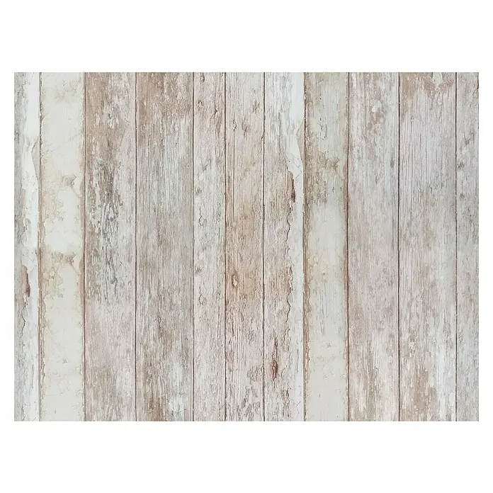 Papel pintado de vinilo adhesivo Lineawall - Tablas, 90 cm x 2,8 m - Fondo de madera con pintura blanca desgastada, ideal para presentaciones rústicas y diseños vintage.