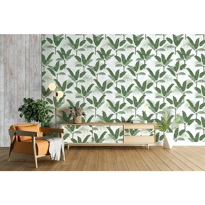 Papel pintado vinílico adhesivo Lineawall - Selva, 90 cm x 2,8 m - Salón con papel pintado botánico.