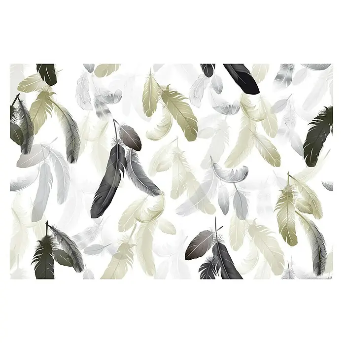 Papel pintado vinílico adhesivo Lineawall - Fénix, 90 cm x 2,8 m - Elegante papel tapiz con delicadas plumas en tonos grises y oliva, creando un ambiente sereno y elegante. Un verdadero atractivo para tu hogar.