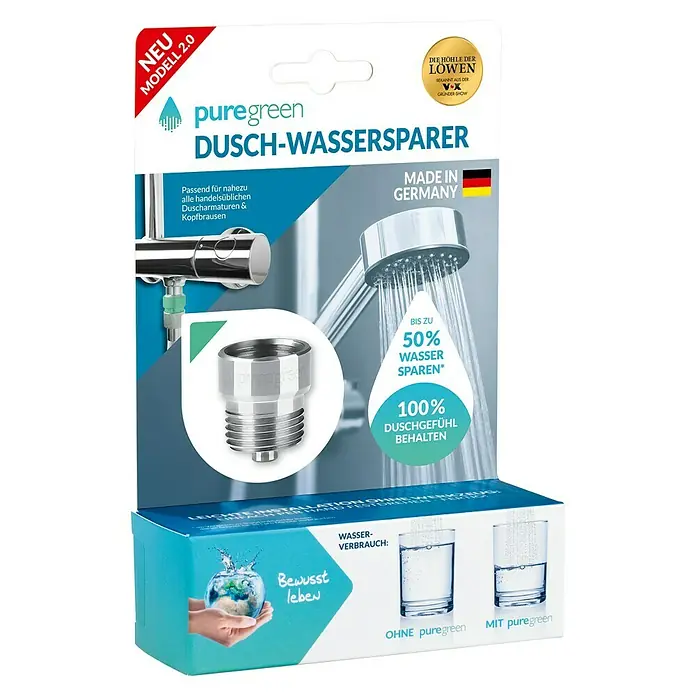 Puregreen Wassersparverschraubung - Geeignet für: Brausearmaturen, Chrom - Produktverpackung für puregreen Dusch-Wassersparer Modell 2.0, bekannt aus "Die Höhle der Löwen", verspricht bis zu 50% Wasserersparnis.