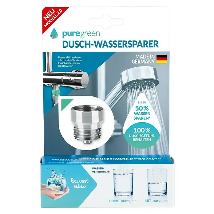 Puregreen Wassersparverschraubung - Geeignet für: Brausearmaturen, Chrom - Verpackung des Puregreen Dusch-Wassersparers, der bis zu 50% Wasser spart und ein 100%iges Duschgefühl beibehält.