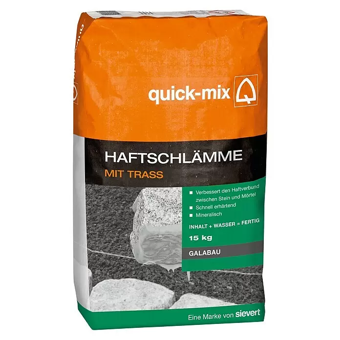 Quick-Mix Haftschlämme - 15 kg - Orange-grüner 15 kg Sack quick-mix Haftschlämme mit Trass für verbesserten Haftverbund zwischen Stein und Mörtel.
