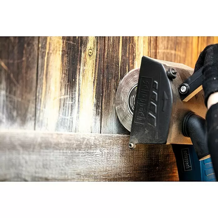 Scheppach Lamellenschleifrolle - Durchmesser: 125 mm, Passend für: Scheppach Satiniermaschine MRS1300, 1 Stk. - Schwarzes und blaues Scheppach Elektrowerkzeug reinigt/schleift verwittertes Holz.