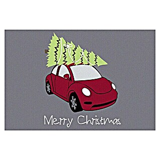 Fußmatte Auto mit Tannenbaum (100 % Polyamid, 60 x 40 cm, Weihnachten, Grau)