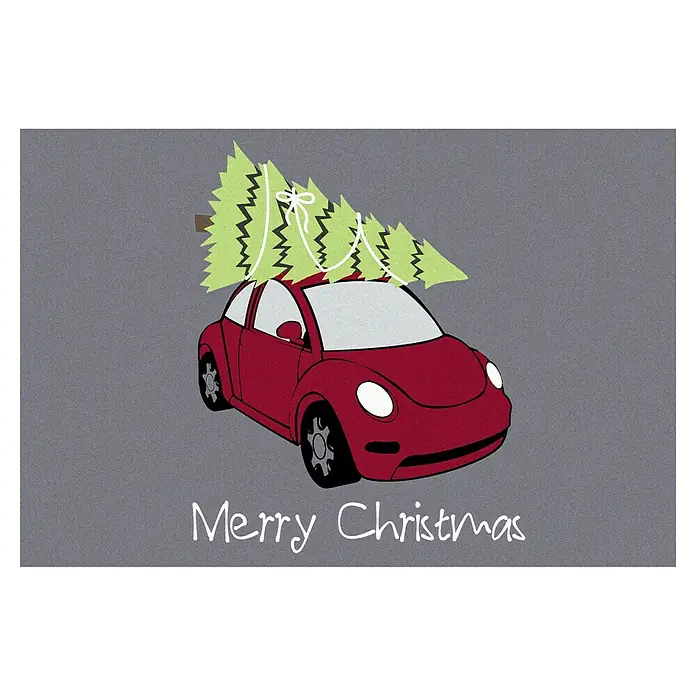 Fußmatte Auto mit Tannenbaum - Kunststoff, 60 x 40 cm, Grau - Roter Käfer transportiert Weihnachtsbaum auf einem grauen Hintergrund mit „Merry Christmas“-Schriftzug.