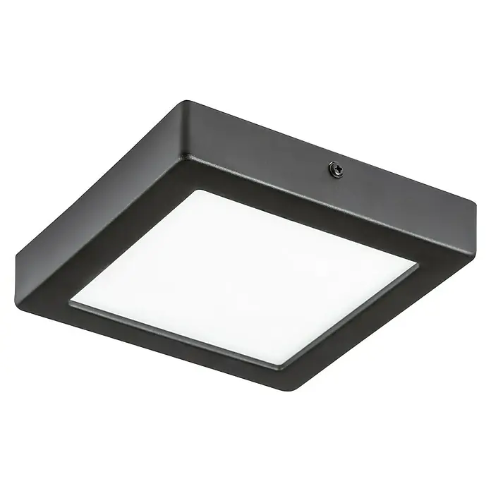 Eglo LED-Deckenleuchte Idun - 9,5 W, L x B x H: 3 x 17 x 17 cm, Schwarz, Neutralweiß - Nahaufnahme einer quadratischen, flachen Deckenleuchte mit schwarzem Rahmen und diffusem, weißem Licht.