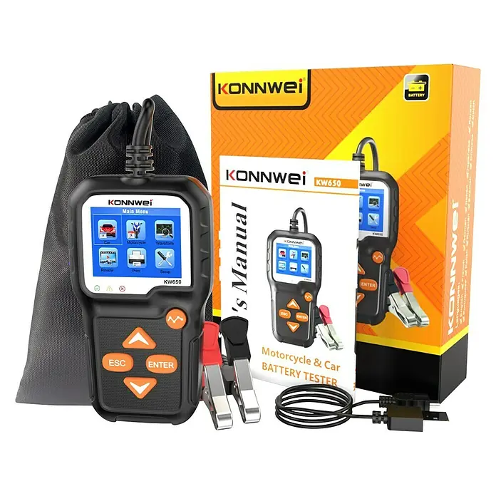 Comprobador de batería KW650 - 16 V - Probador de batería para moto y coche KONNWEI KW650 con accesorios y manual, presentado con un atractivo embalaje del producto.