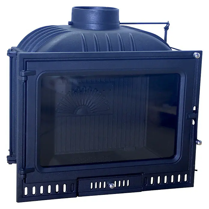 Hogar Iron 70 - L x An x Al: 38,1 x 70 x 66,6 cm, 10 kW, 200 m³, Antracita - Imagen de un inserto de chimenea azul con puerta de vidrio y elementos decorativos.