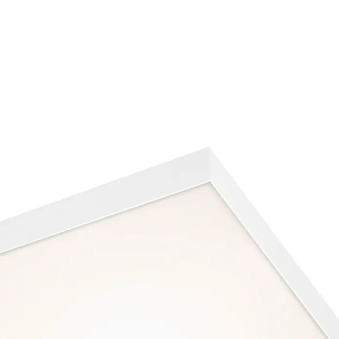 Briloner LED-Panel Magic - 38 W, L x B x H: 59 x 59 x 6,8 cm, Mehrfarbig - Nahaufnahme einer quadratischen LED-Deckenleuchte mit einem weißen Rahmen und einem warmweißen Licht, ideal für moderne Innenräume.