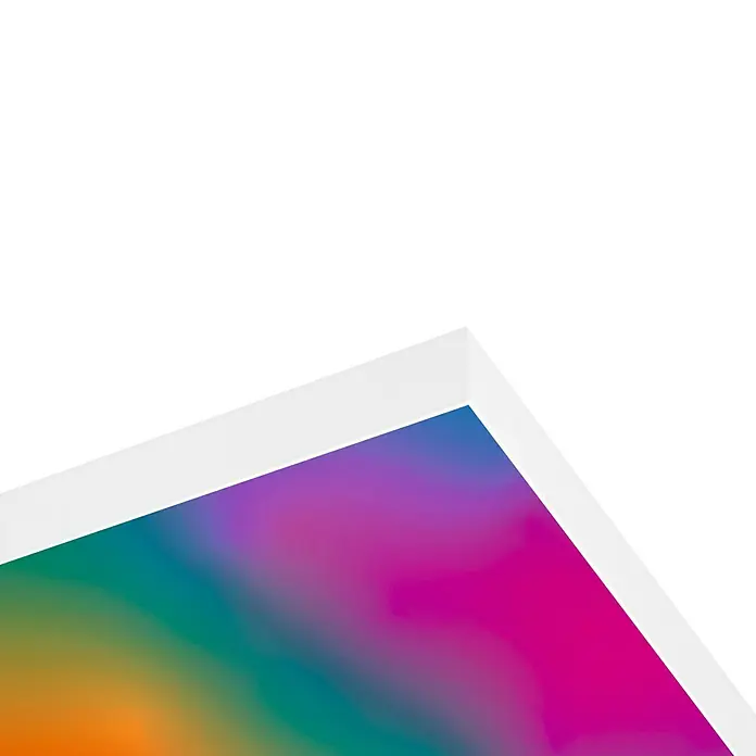 Briloner LED-Panel Magic - 38 W, L x B x H: 59 x 59 x 6,8 cm, Mehrfarbig - Nahaufnahme eines bunten Leinwanddrucks mit Farbverlauf und weißem Rahmen auf schwarzem Hintergrund.
