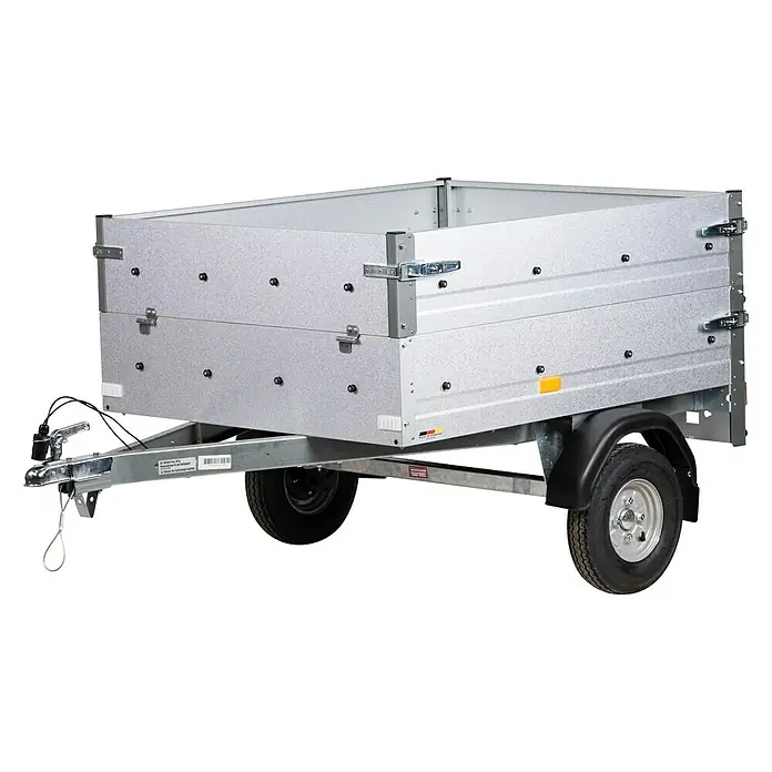 Stema Anhänger Mini 350 mit Bordwandaufsatz u. Flachplane - Nutzlast: 245 kg, Einachser, Kasteninnenmaß: 134 x 108 x 26,5 cm (Höhe inkl. Bordwandaufsatz 53 cm), Ungebremst - Abbildung eines modernen Anhängers mit Metallaufbau und schwarzem Fahrgestell.