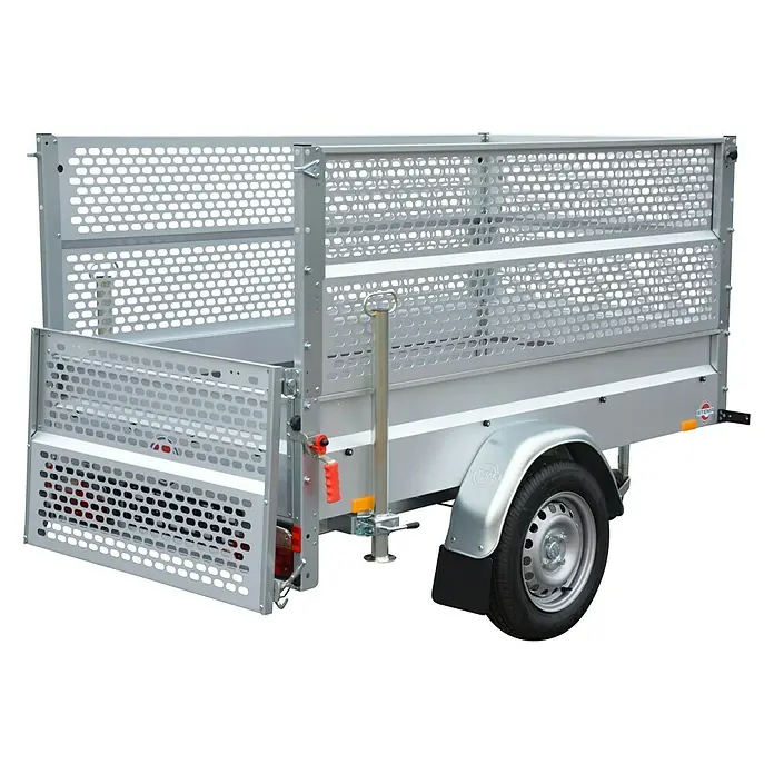 Stema Anhänger Basic 1000 mit Abstellstützen u. Gitteraufsatz - Nutzlast: 768 kg, Gebremst - Ein hochauflösendes Bild eines Anhängers mit Gitteraufbau, ideal für den Transport von Gütern. Solide Konstruktion für sichere Fahrten.
