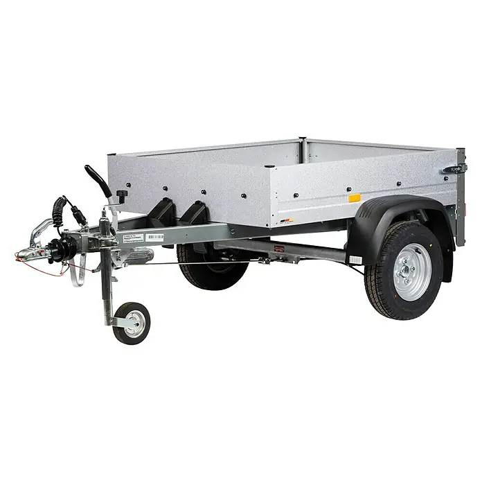 Stema Anhänger Mini 750G R10 mit Stützrad u. Stoßdämpfer - Nutzlast: 621 kg, Einachser, Kasteninnenmaß: 134 x 108 x 26,5 cm, Gebremst - Ein kompakter Anhänger, ideal für den Transport von Gütern.