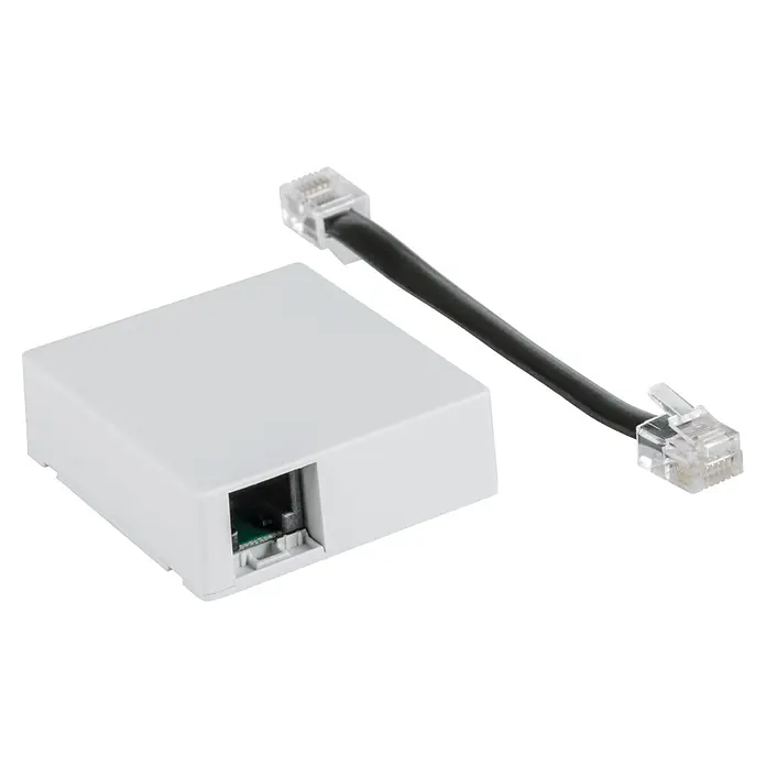 Homematic IP Funk-Schaltermodul HmIP-MOD-HO - Passend für: Hörmann-Antriebe - Produktbild eines weißen TAE-Adapters mit einem schwarzen TAE-Kabel, das für Telefonanschlüsse verwendet wird.