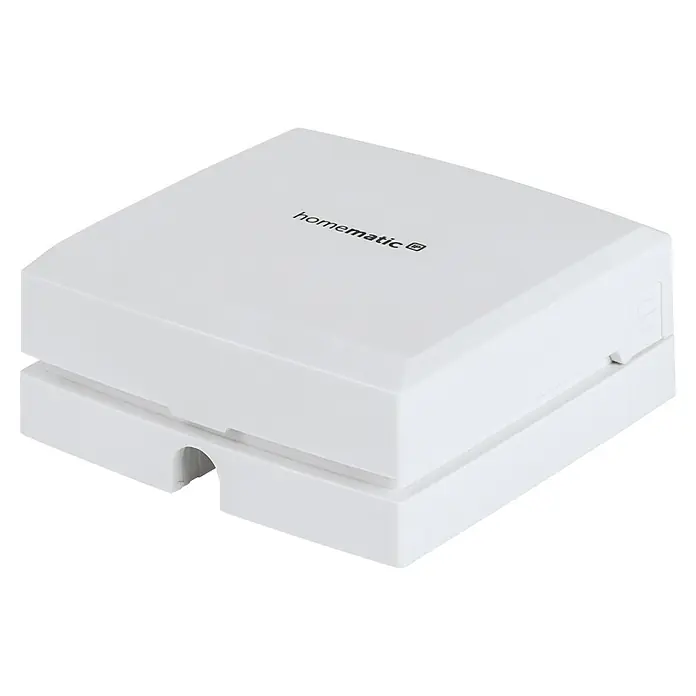 Homematic IP Smartphone-Garagentoröffner HmIP-WGC - 30,5 x 85 x 85 mm - Nahaufnahme eines weißen Homematic IP Geräts. Es handelt sich um eine smarte Haussteuerungseinheit.