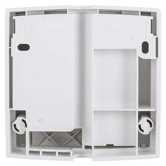 Homematic IP Smartphone-Garagentoröffner HmIP-WGC - 30,5 x 85 x 85 mm - Innenansicht einer weißen Verteilerdose, die Details zur Montage und zum Innenleben der Box zeigt.
