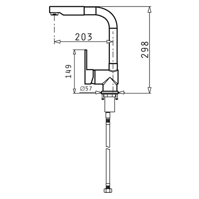 Pyramis Spültischarmatur Aladia - Chrom, Glänzend, Ausziehbar - Produktabbildung einer Armatur mit Maßen, die die Höhe (298 mm), Ausladung (203 mm) und den Durchmesser (Ø57 mm) zeigen.