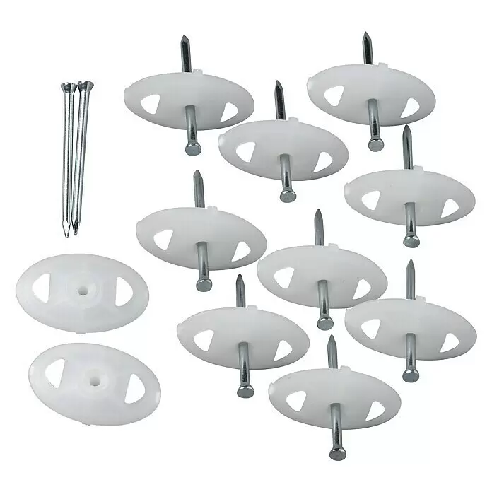 Nagelscheibe - 27 x 34 mm, Länge Nagel: 50 mm - Mehrere Metallnägel mit weißen Kunststoffkappen, dazu einige einfache Metallnägel.