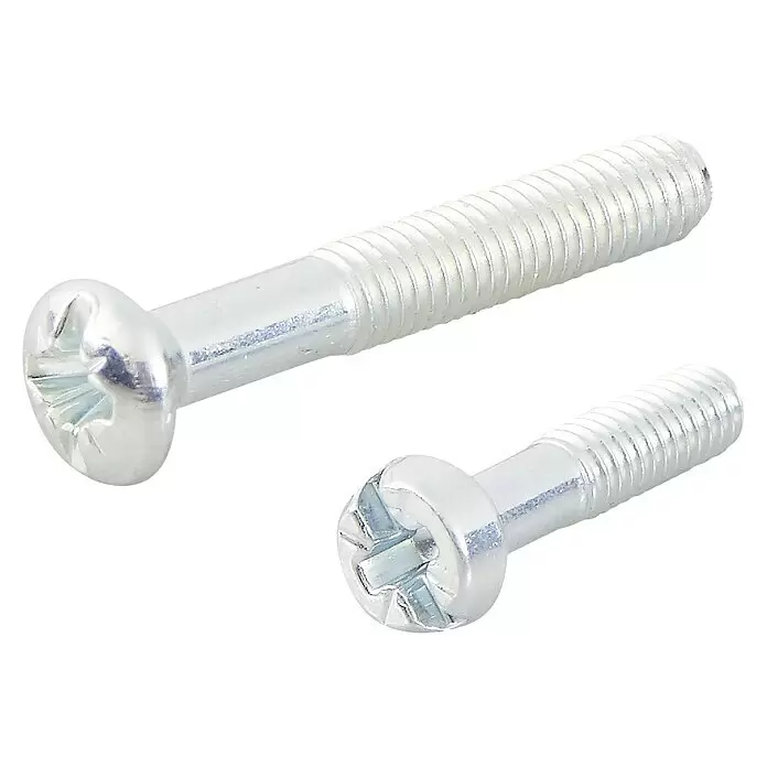 Schrauben-Set - Passend für: Steckdoseneinsätze - Zwei silberne Maschinenschrauben mit Halbrundköpfen und Kombi-Antrieben.