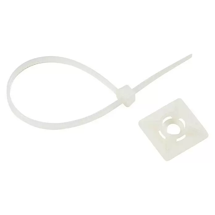 Set Kabelbinder & Kabelbinder-Klebesockel - Weiß, 100 x 2,5 mm - Weißer Kabelbinder, geschlungen, und eine quadratische, selbstklebende Befestigungsbasis zur Kabelorganisation.