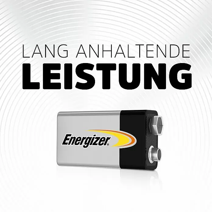 Energizer Batterie Power - 9-Volt-Block, 1 Stk. - Silbergrau-schwarze Energizer 9V Batterie mit gelb/orangefarbenem Logo für langanhaltende Leistung.