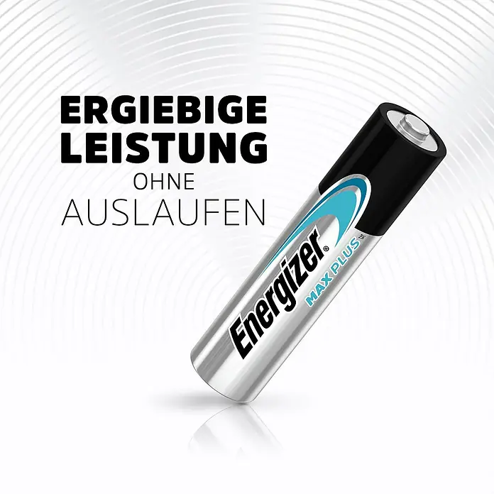 Energizer Batterie Max Plus - Micro AAA, Alkali-Mangan, 1,5 V, 4 Stk. - Bild einer Energizer Max Plus Batterie mit der Aufschrift "Ergiebige Leistung ohne Auslaufen".