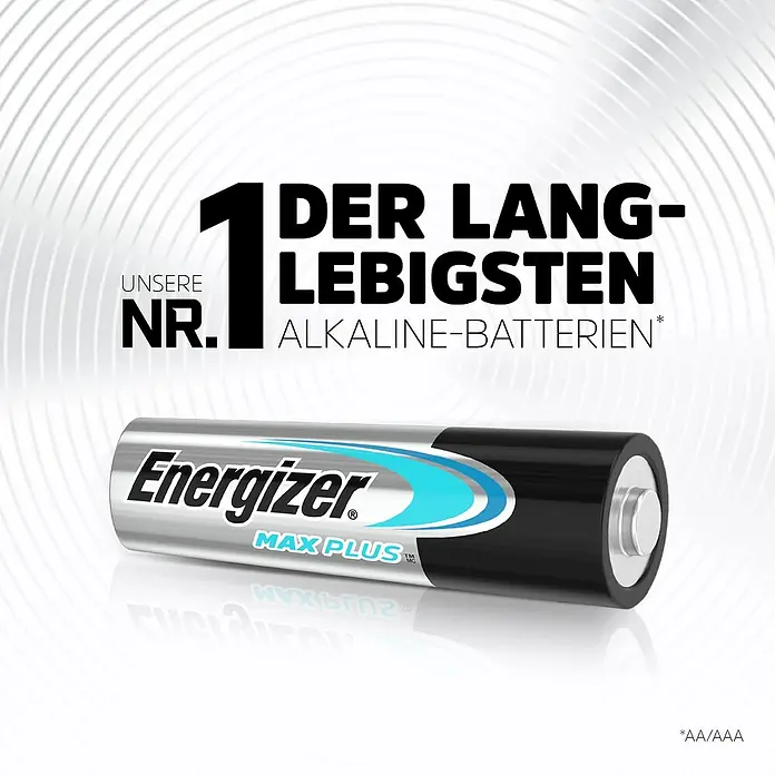 Energizer Batterie Max Plus - Mignon AA, Alkali-Mangan, 1,5 V, 8 Stk. - Eine Energizer Max Plus Batterie, die als eine der langlebigsten Alkaline-Batterien beworben wird.