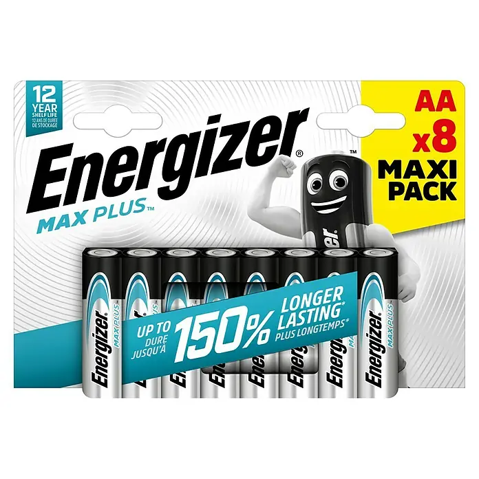 Energizer Batterie Max Plus - Mignon AA, Alkali-Mangan, 1,5 V, 8 Stk. - Abbildung einer Packung Energizer Max Plus AA-Batterien (8er-Pack) mit dem Energizer-Hasen-Logo.