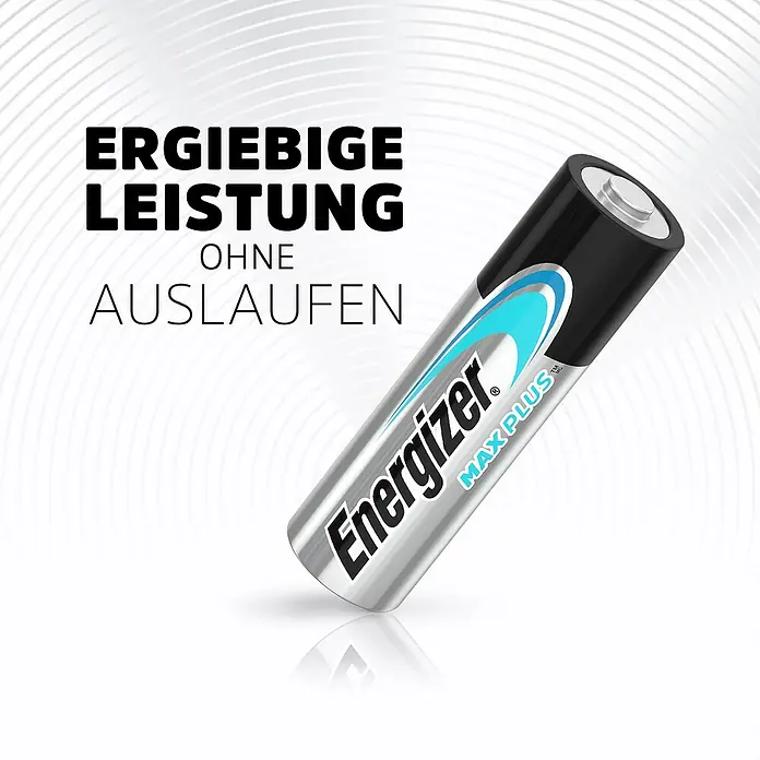 Energizer Batterie Max Plus - Mignon AA, Alkali-Mangan, 1,5 V, 8 Stk. - Energizer Max Plus Batterie, bekannt für ihre ergiebige Leistung und Auslaufsicherheit, im Fokus.