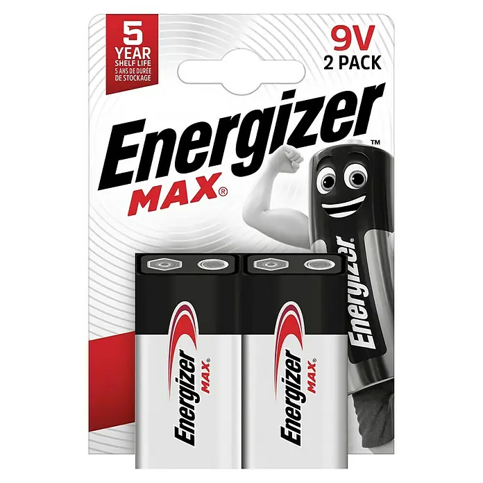 Energizer Batterie Max 9-Volt-Block - 9-Volt-Block, 9 V, 2 Stk. - Eine Packung Energizer MAX 9V-Batterien (2 Stück) mit 5 Jahren Haltbarkeit.
